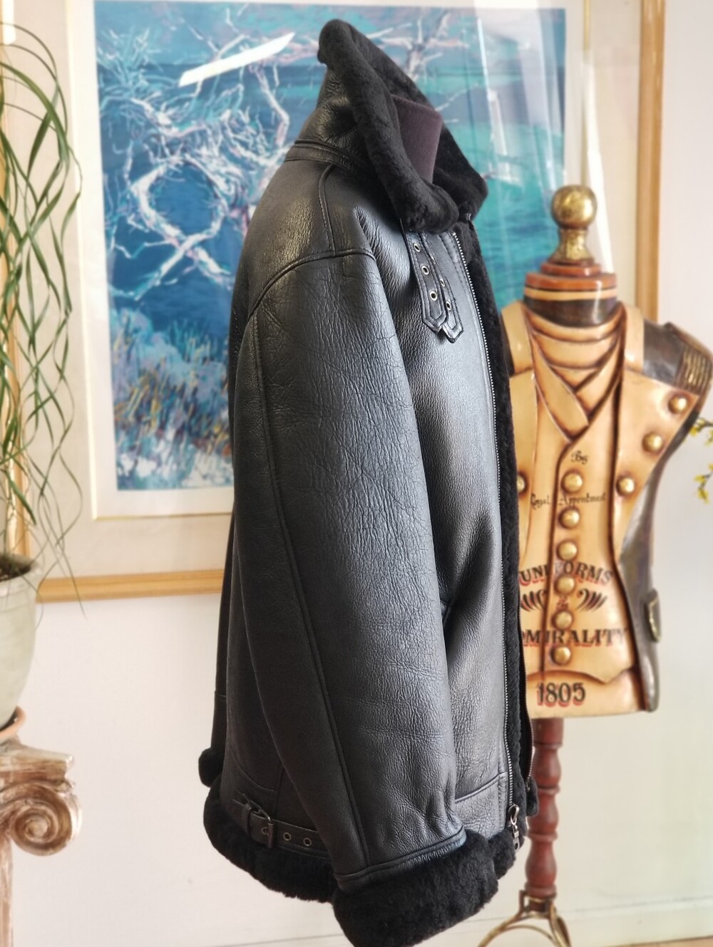 Men's Black Shearling Bomber Jacket - Picture 5 of 11